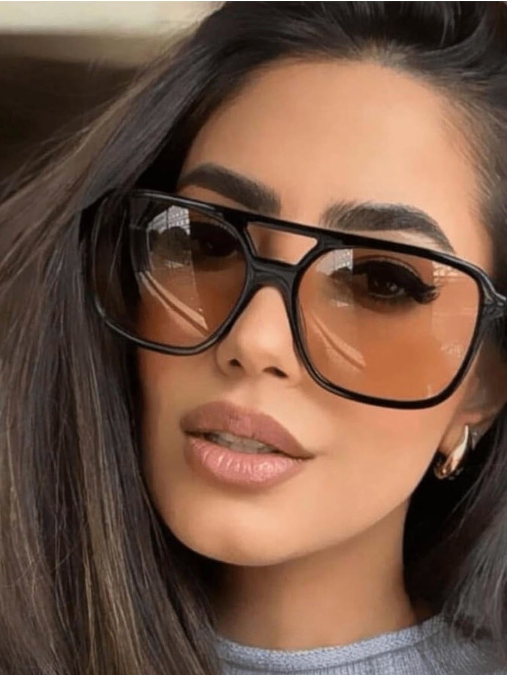 Retro Oversized Double Bridge Square Aviator Sunglasses Black Frame Brown Tented